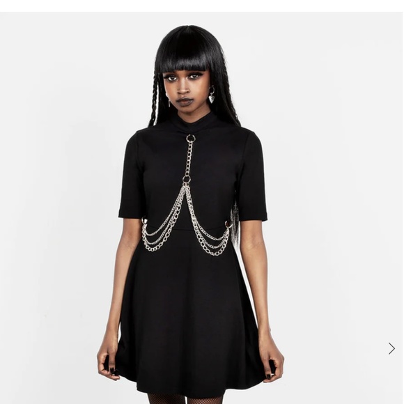Lita Harness BlackMini Dress Silver Chain Keyhole Back Fit/Flare Removable Chain - Picture 1 of 8